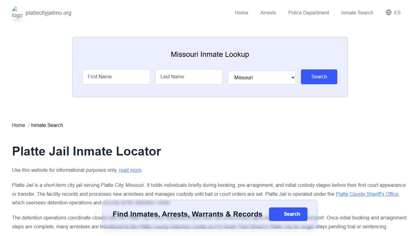 Platte, MO Municipal Jail Inmate Search